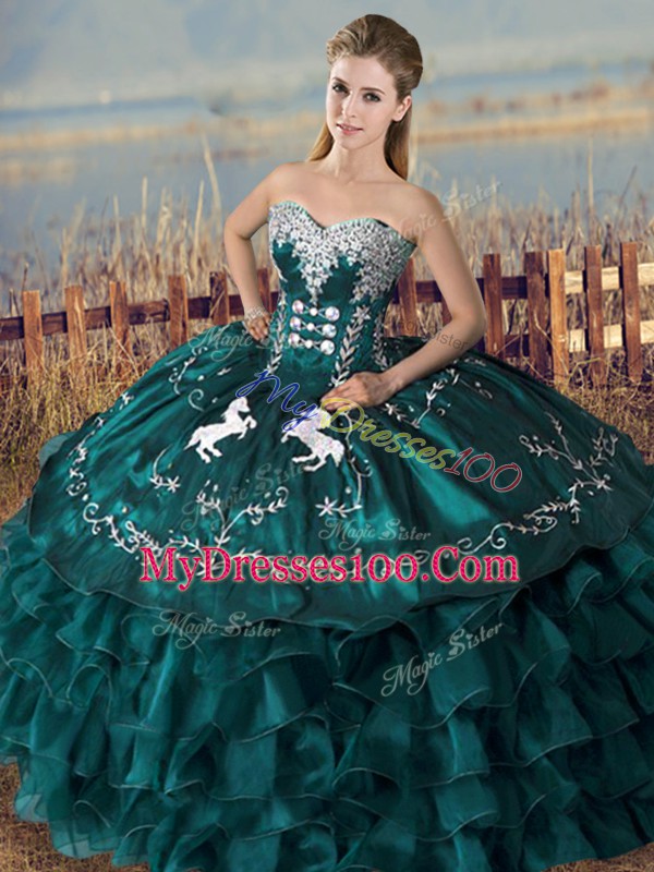 Peacock Green Sleeveless Floor Length Embroidery and Ruffles Lace Up Quinceanera Dress