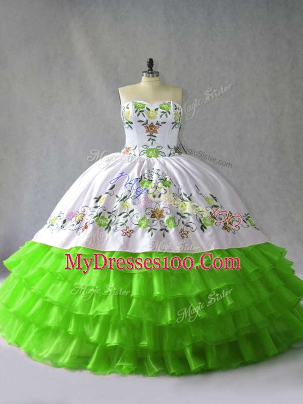 Low Price Ball Gowns Satin and Organza Sweetheart Sleeveless Embroidery and Ruffled Layers Floor Length Lace Up Quinceanera Gowns