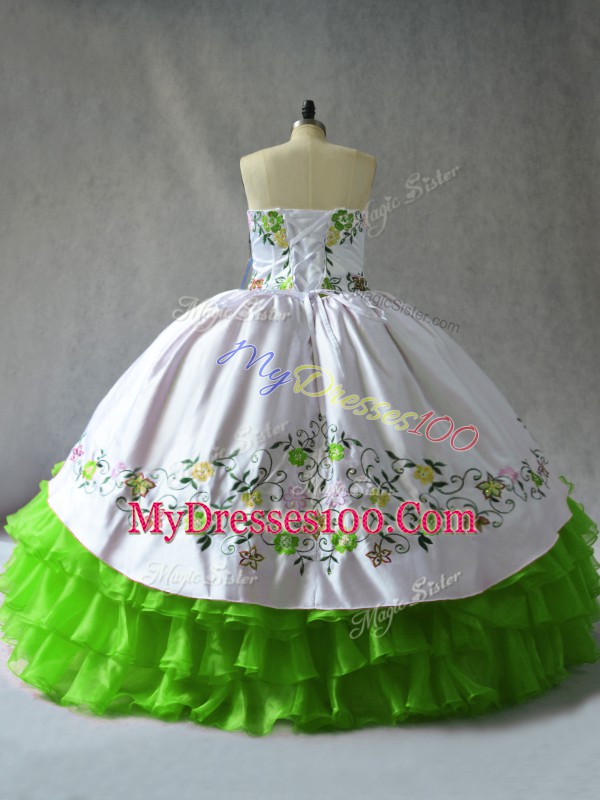 Low Price Ball Gowns Satin and Organza Sweetheart Sleeveless Embroidery and Ruffled Layers Floor Length Lace Up Quinceanera Gowns