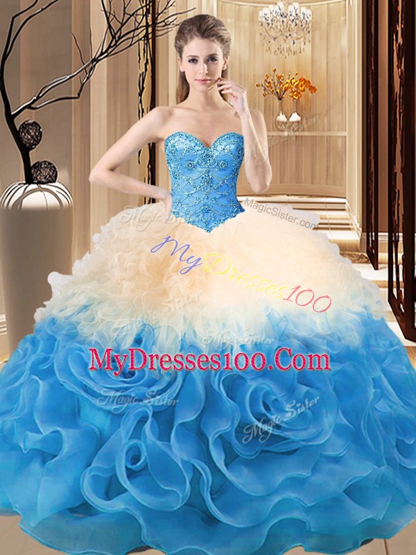 Decent Multi-color Ball Gowns Beading and Ruffles Quince Ball Gowns Lace Up Organza and Fabric With Rolling Flowers Sleeveless Floor Length
