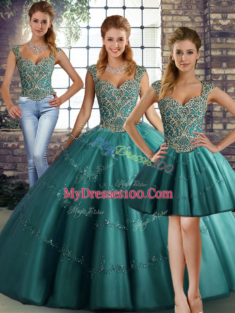 Exquisite Teal Straps Neckline Beading and Appliques 15th Birthday Dress Sleeveless Lace Up