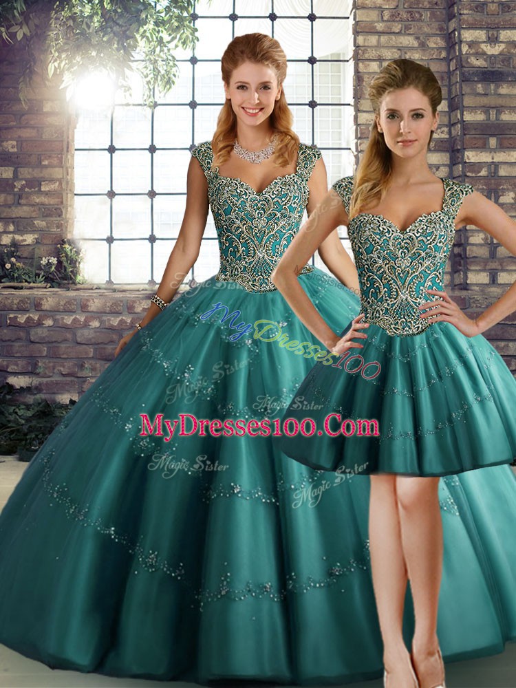 Exquisite Teal Straps Neckline Beading and Appliques 15th Birthday Dress Sleeveless Lace Up