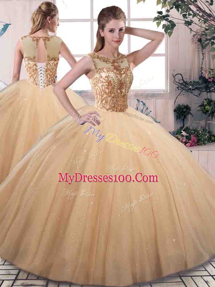 Gold Sleeveless Tulle Lace Up Sweet 16 Dress for Military Ball and Sweet 16 and Quinceanera