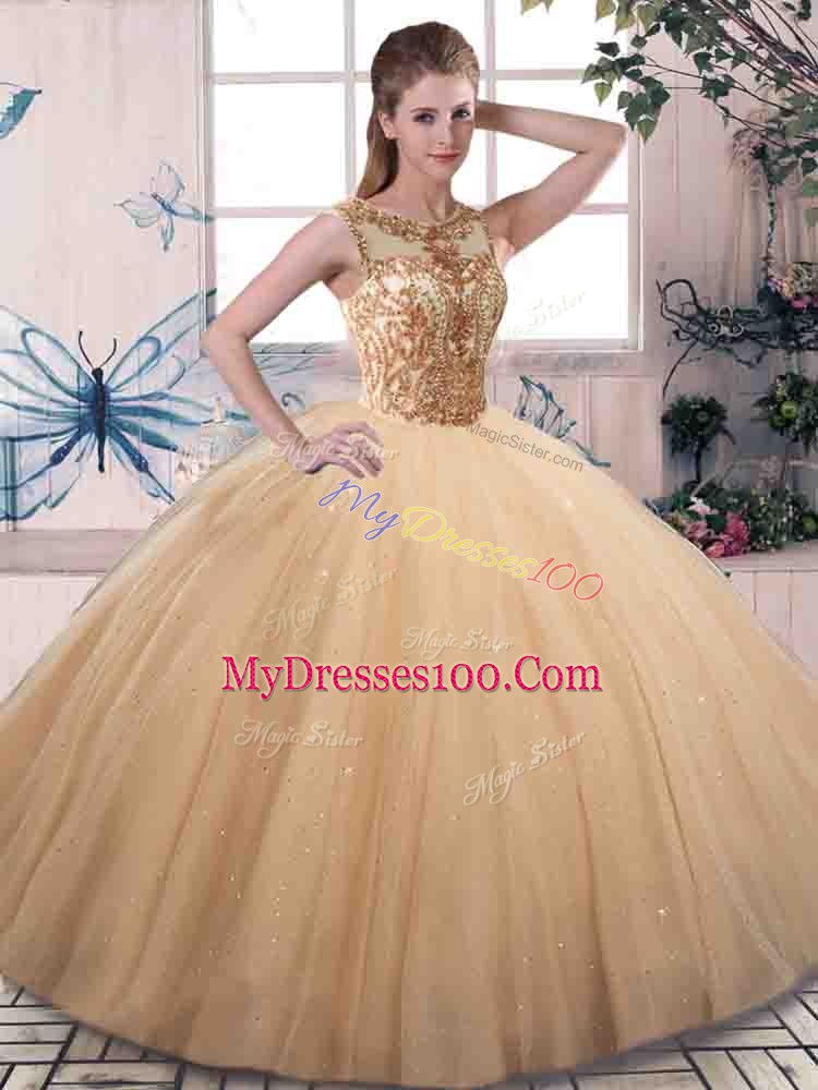 Gold Sleeveless Tulle Lace Up Sweet 16 Dress for Military Ball and Sweet 16 and Quinceanera