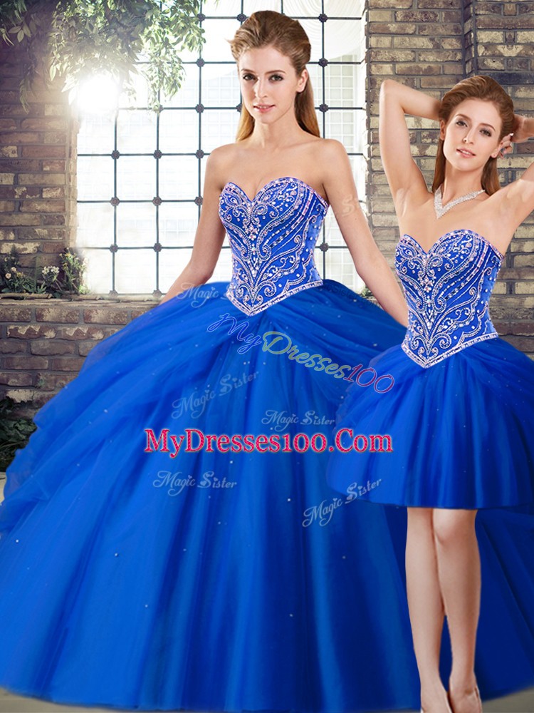 Best Selling Royal Blue Three Pieces Tulle Sweetheart Sleeveless Beading and Pick Ups Lace Up Sweet 16 Dresses Brush Train