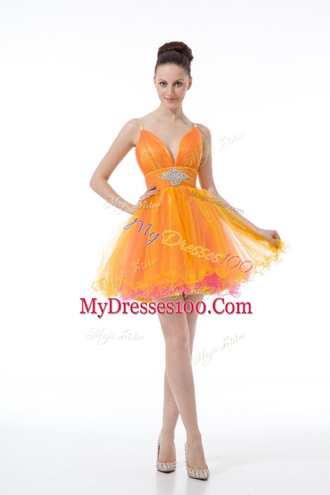 Perfect Orange Tulle Zipper Straps Sleeveless Mini Length Club Wear Beading and Ruching