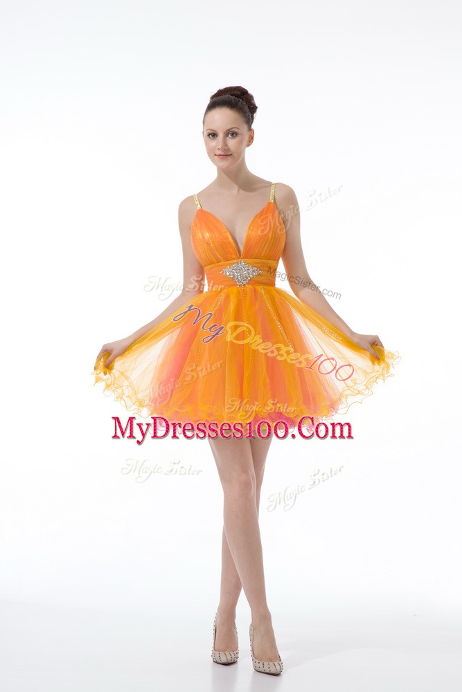 Perfect Orange Tulle Zipper Straps Sleeveless Mini Length Club Wear Beading and Ruching
