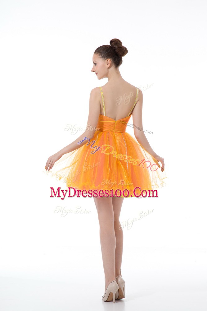 Perfect Orange Tulle Zipper Straps Sleeveless Mini Length Club Wear Beading and Ruching