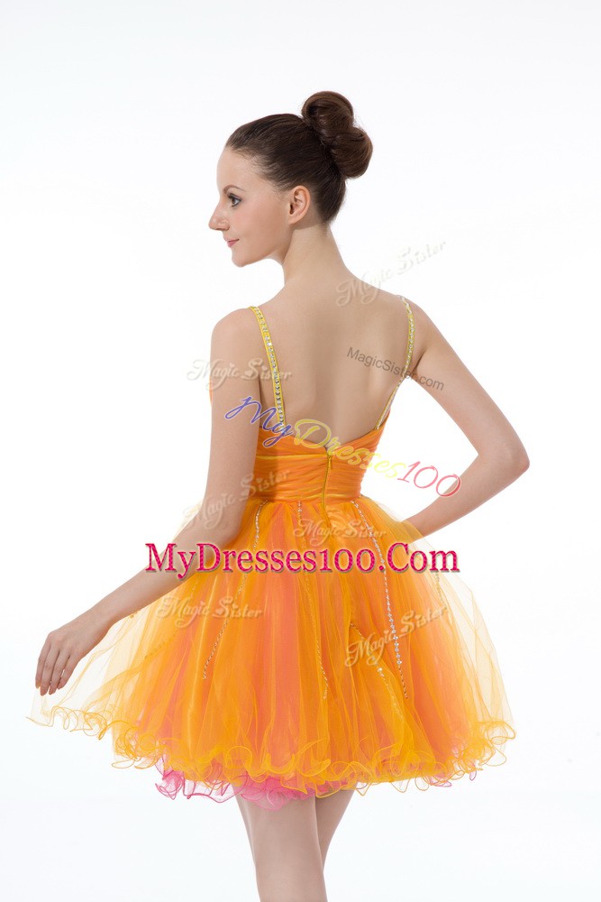 Perfect Orange Tulle Zipper Straps Sleeveless Mini Length Club Wear Beading and Ruching
