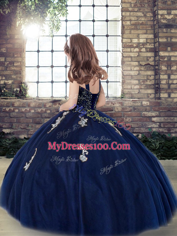 Floor Length Dark Green Pageant Gowns For Girls Straps Sleeveless Lace Up