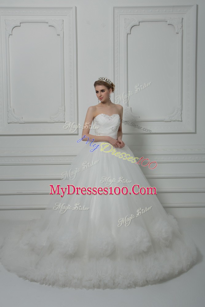 Custom Fit White Sleeveless Tulle Court Train Lace Up Wedding Gowns for Wedding Party