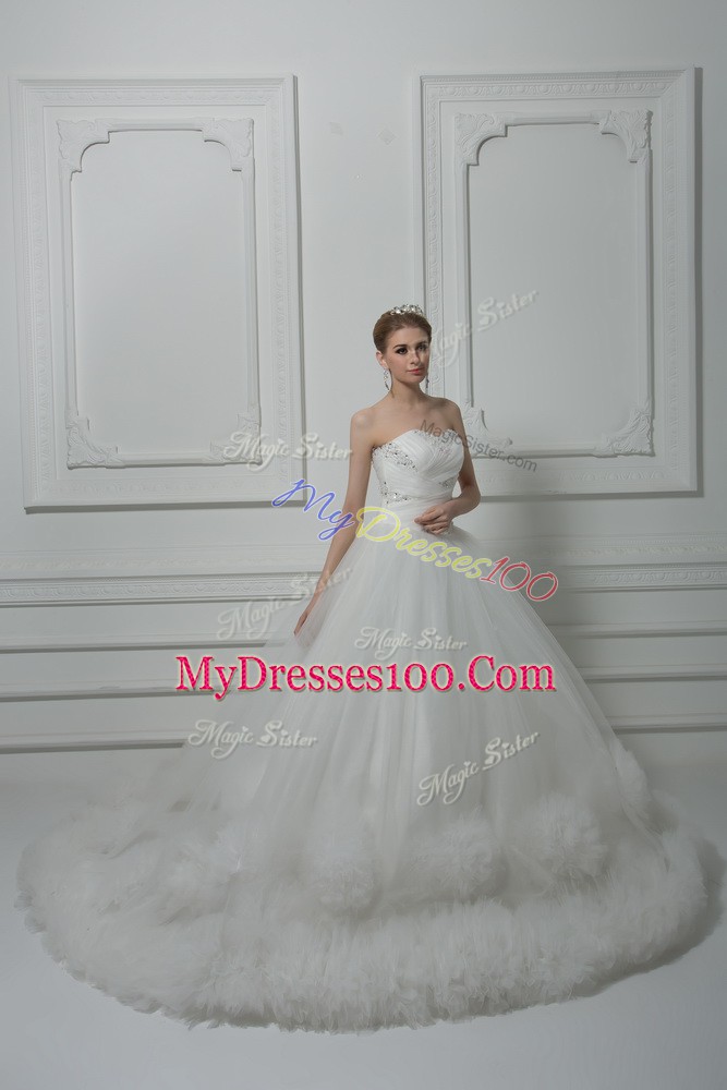 Custom Fit White Sleeveless Tulle Court Train Lace Up Wedding Gowns for Wedding Party