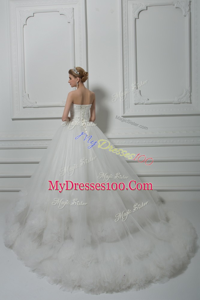 Custom Fit White Sleeveless Tulle Court Train Lace Up Wedding Gowns for Wedding Party