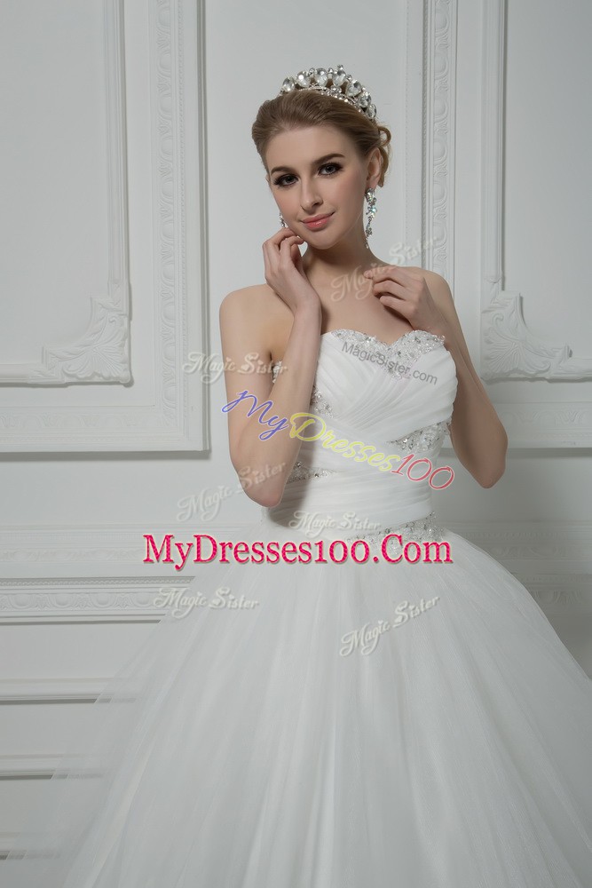 Custom Fit White Sleeveless Tulle Court Train Lace Up Wedding Gowns for Wedding Party