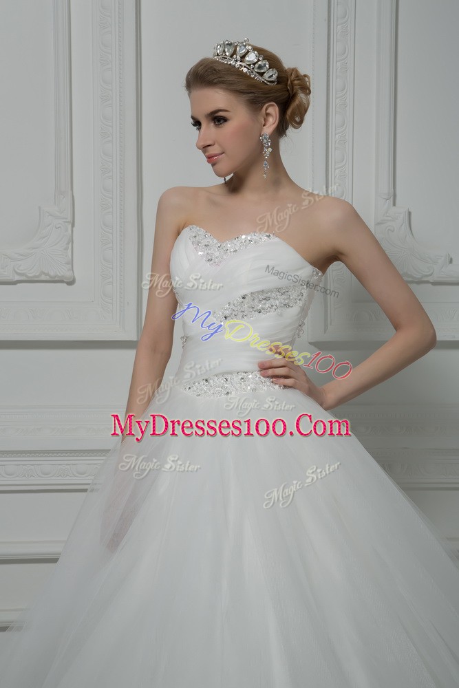 Custom Fit White Sleeveless Tulle Court Train Lace Up Wedding Gowns for Wedding Party