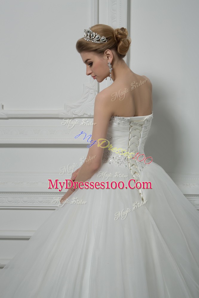 Custom Fit White Sleeveless Tulle Court Train Lace Up Wedding Gowns for Wedding Party