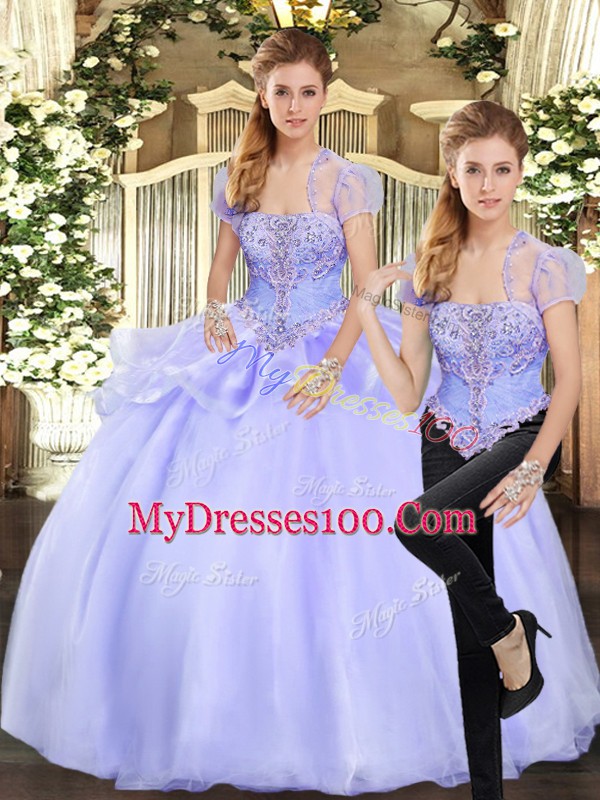 Dramatic Lavender Sleeveless Floor Length Beading and Appliques Lace Up Quinceanera Dresses