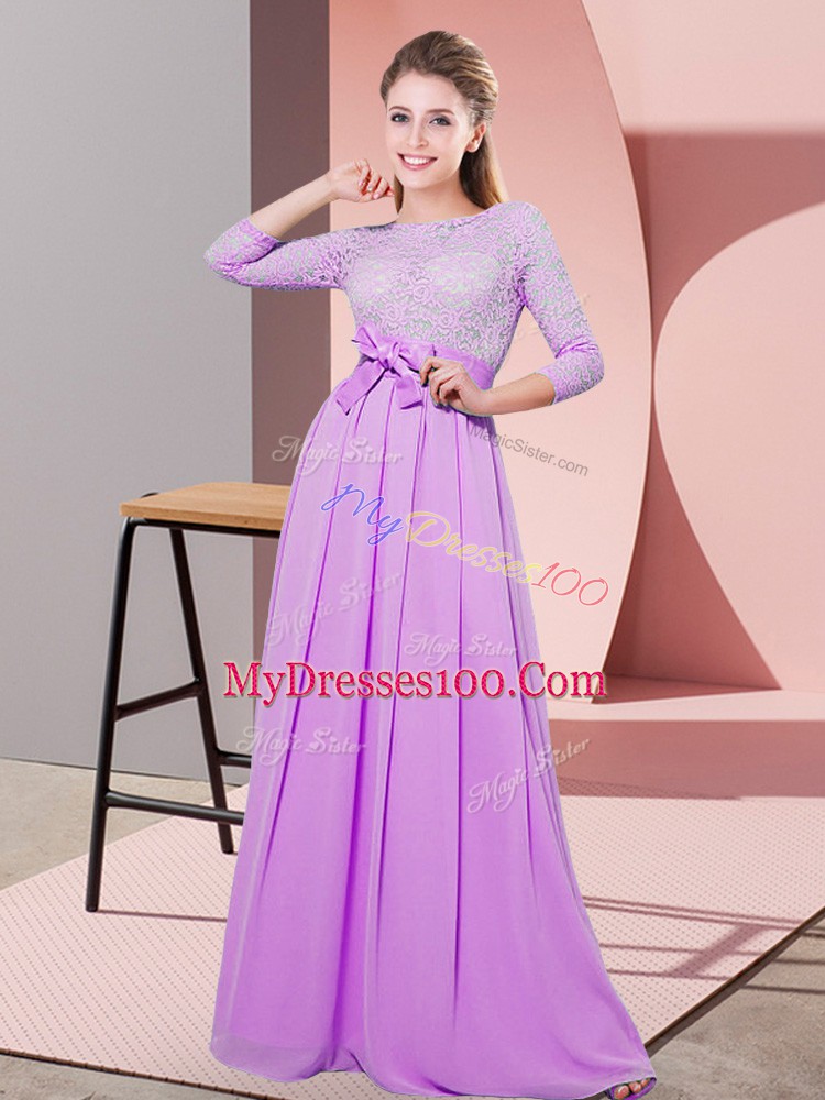 Beauteous Floor Length Side Zipper Bridesmaid Dresses Lilac for Wedding Party with Lace and Belt