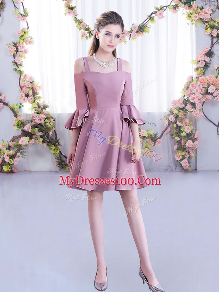 Pink Zipper Off The Shoulder Ruching Quinceanera Dama Dress Chiffon Half Sleeves