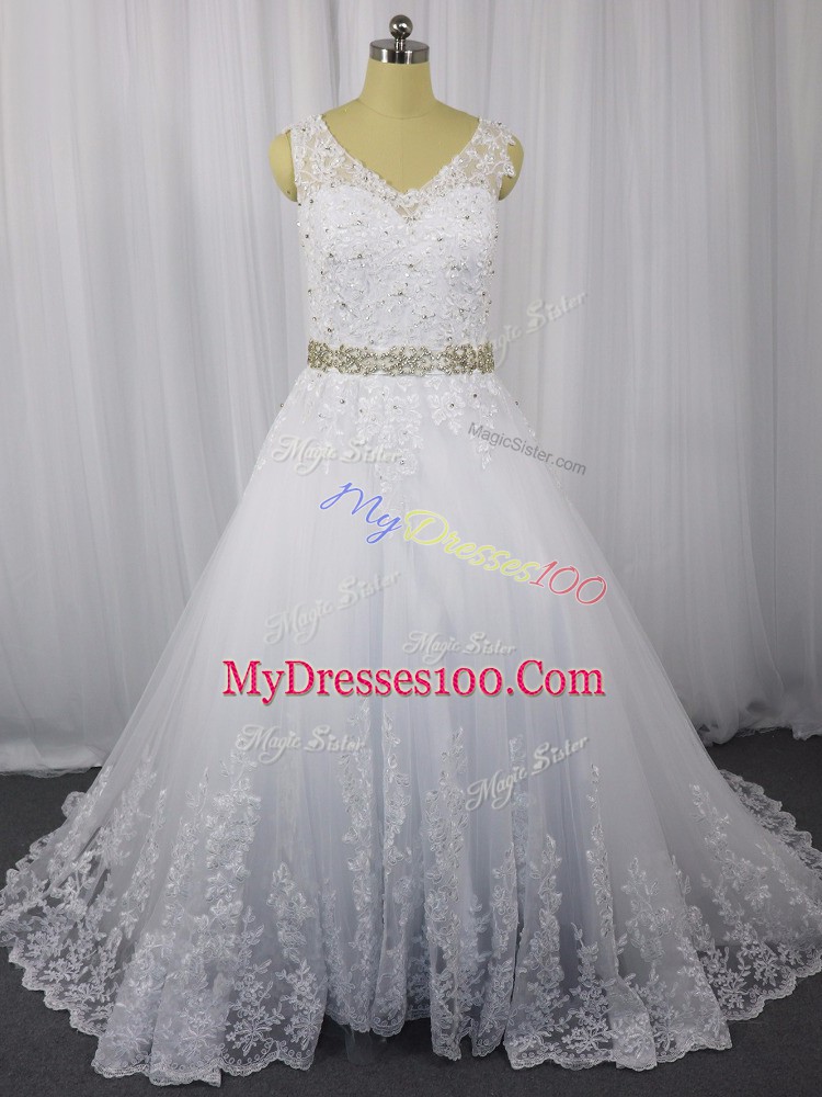 A-line Sleeveless White Wedding Dress Brush Train Zipper