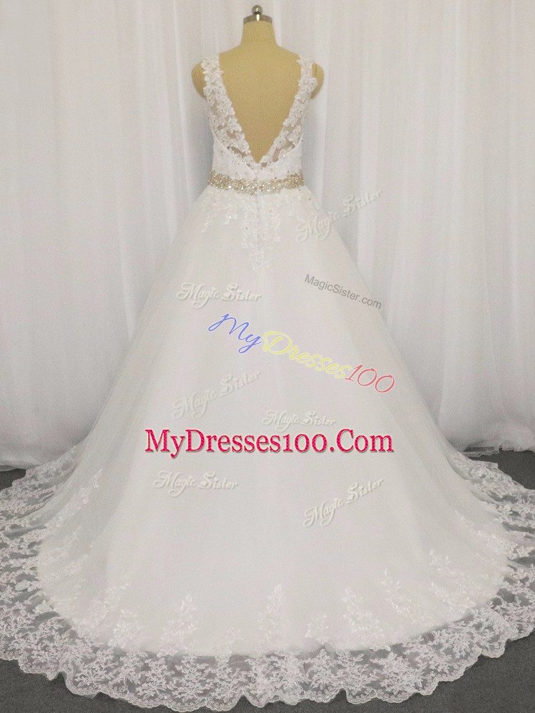 A-line Sleeveless White Wedding Dress Brush Train Zipper