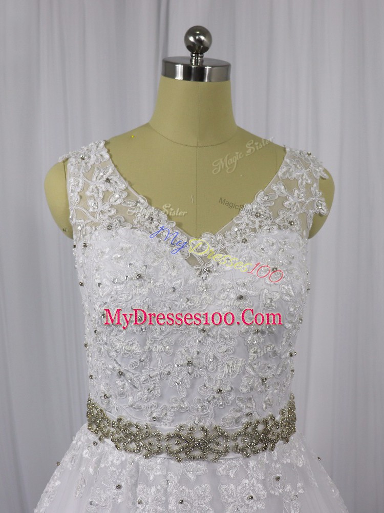 A-line Sleeveless White Wedding Dress Brush Train Zipper