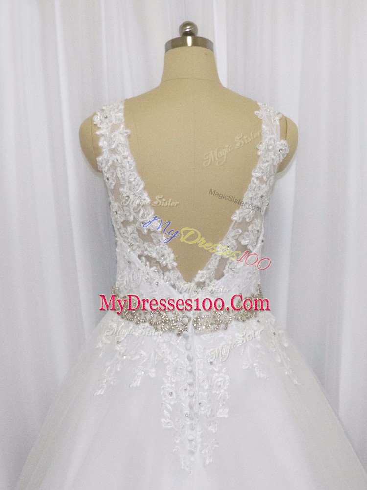 A-line Sleeveless White Wedding Dress Brush Train Zipper