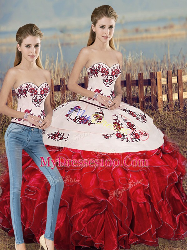 Sleeveless Organza Floor Length Lace Up Sweet 16 Quinceanera Dress in White And Red with Embroidery and Ruffles and Bowknot