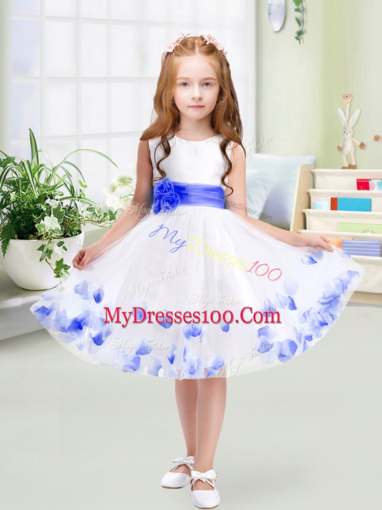 Charming White A-line Appliques and Belt Flower Girl Dress Zipper Tulle Sleeveless Knee Length