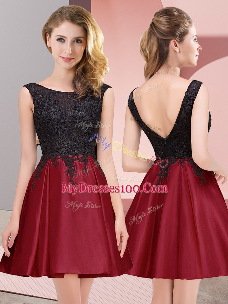 Customized Wine Red Sleeveless Lace Mini Length Bridesmaids Dress