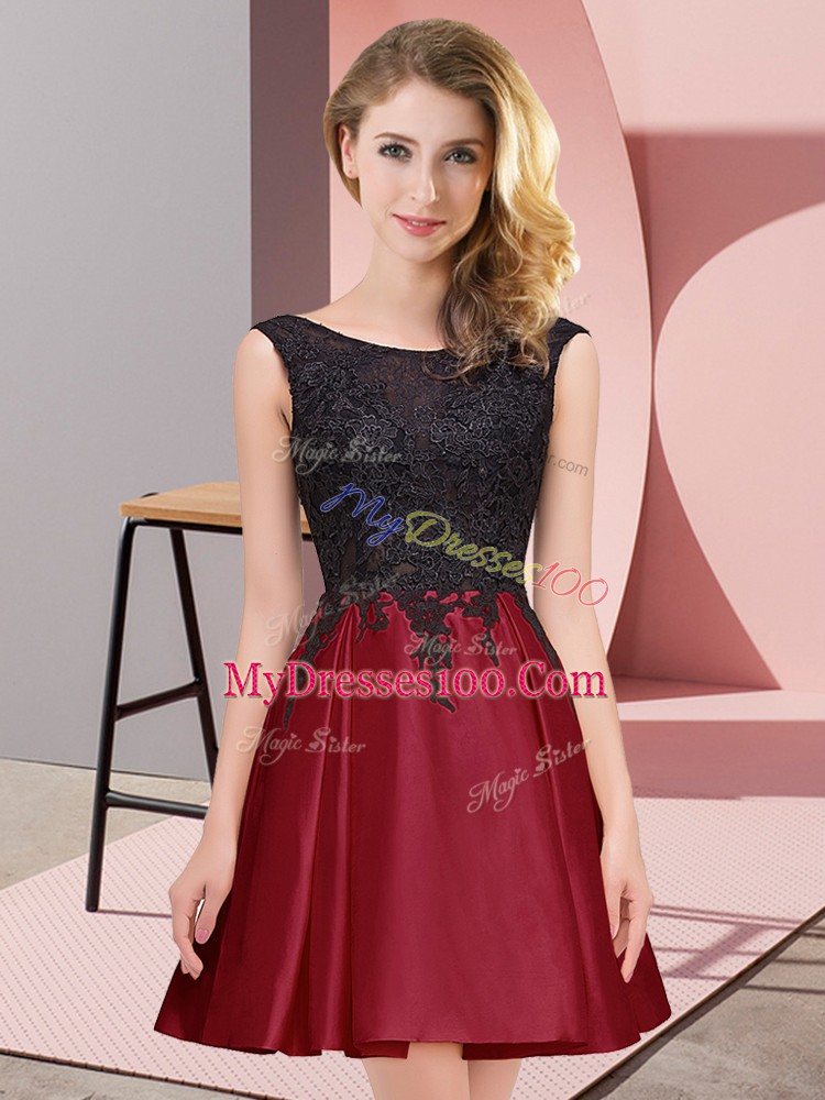 Customized Wine Red Sleeveless Lace Mini Length Bridesmaids Dress