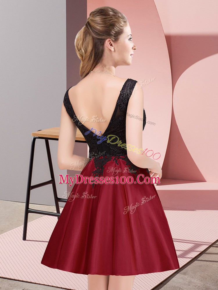 Customized Wine Red Sleeveless Lace Mini Length Bridesmaids Dress