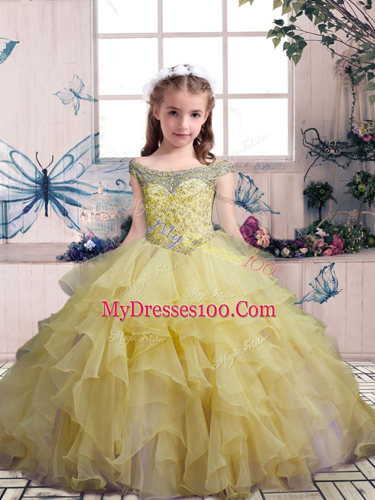 High Quality Ball Gowns Pageant Dress Womens Yellow Off The Shoulder Organza Sleeveless Floor Length Lace Up