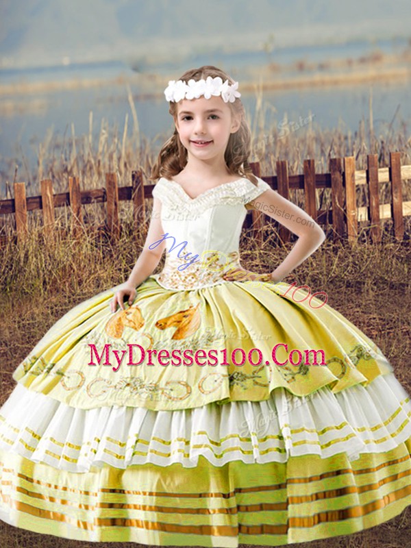 Yellow Sleeveless Embroidery Floor Length Evening Gowns