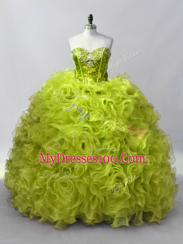 Stylish Yellow Green Ball Gowns Organza Sweetheart Sleeveless Ruffles and Sequins Floor Length Lace Up Quinceanera Dresses