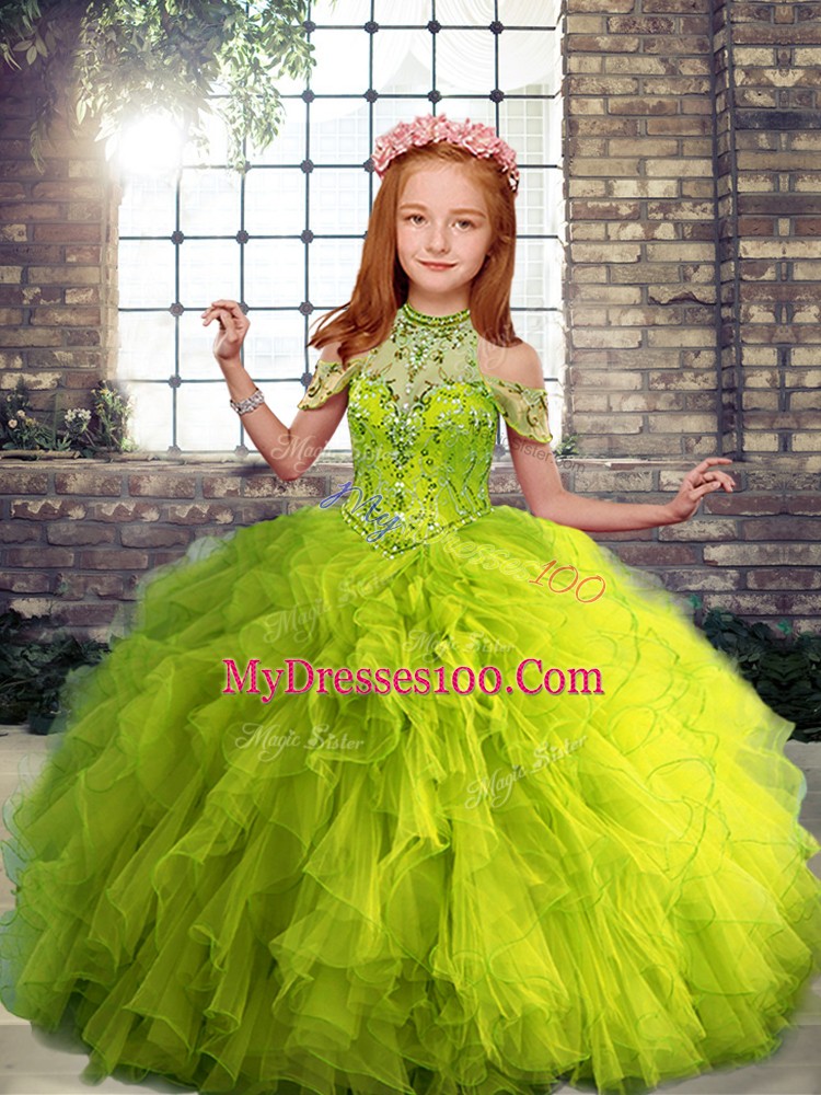 Ball Gowns Pageant Dress Yellow Green High-neck Tulle Sleeveless Floor Length Lace Up