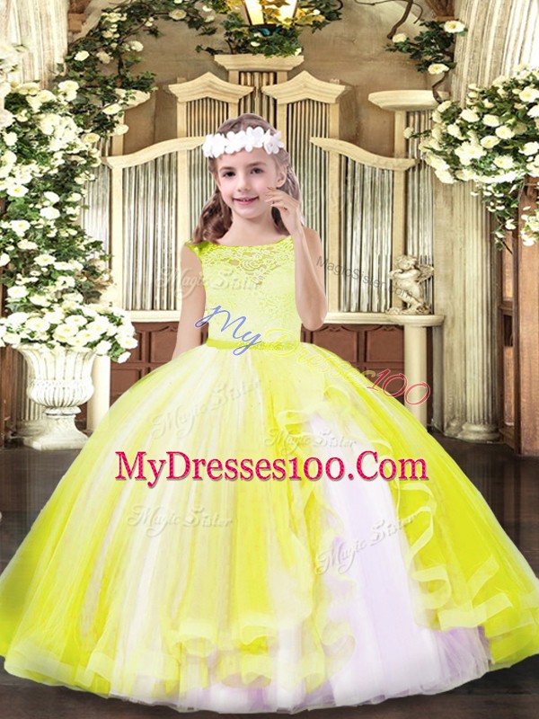 Dazzling Yellow Tulle Zipper Scoop Sleeveless Floor Length Pageant Dress for Teens Lace