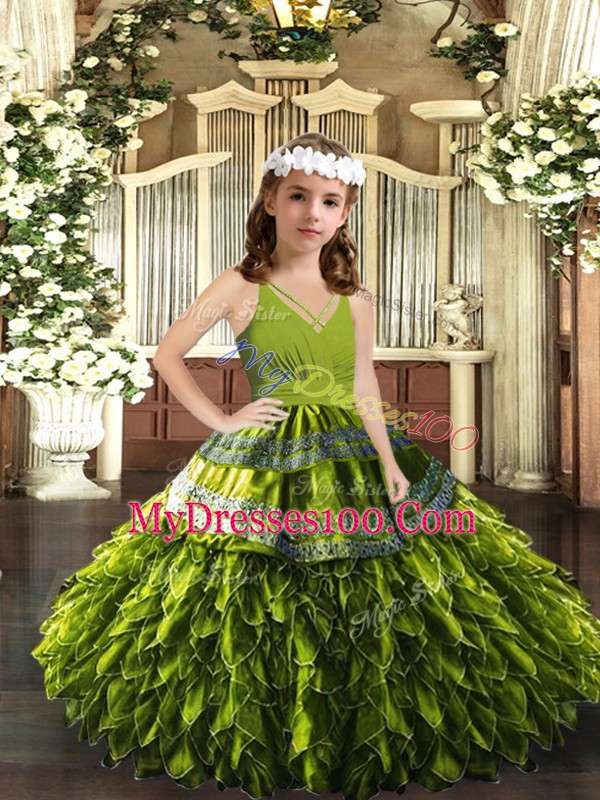Charming Floor Length Zipper Kids Formal Wear Olive Green for Party and Wedding Party with Appliques and Ruffles