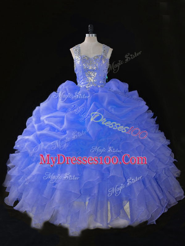 Edgy Blue Zipper Straps Beading and Ruffles Sweet 16 Dresses Organza Sleeveless
