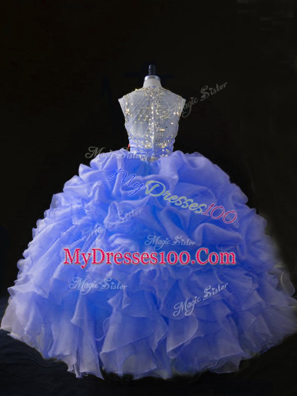 Edgy Blue Zipper Straps Beading and Ruffles Sweet 16 Dresses Organza Sleeveless
