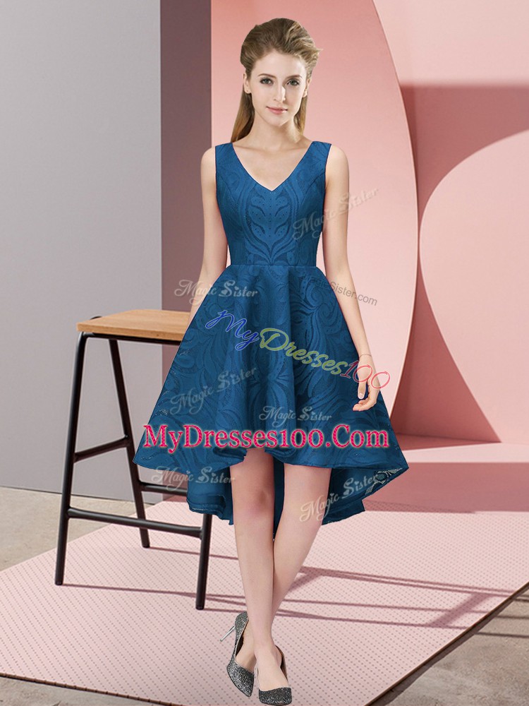 Navy Blue Zipper Bridesmaid Dress Lace Sleeveless High Low