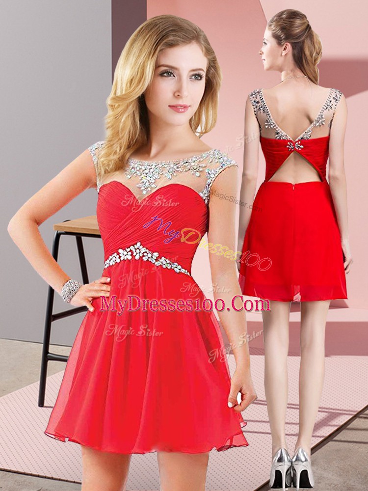Red A-line Chiffon Scoop Sleeveless Beading Mini Length Backless Prom Evening Gown