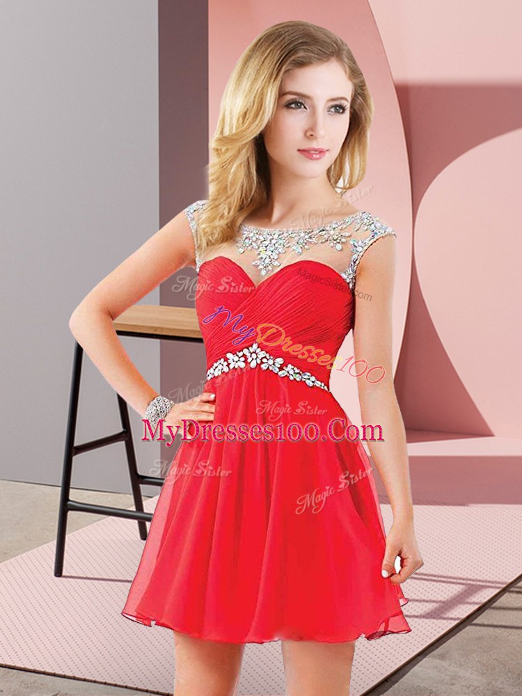 Red A-line Chiffon Scoop Sleeveless Beading Mini Length Backless Prom Evening Gown