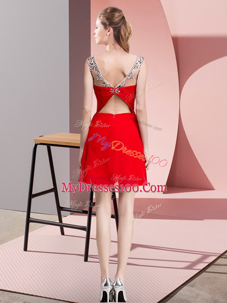 Red A-line Chiffon Scoop Sleeveless Beading Mini Length Backless Prom Evening Gown