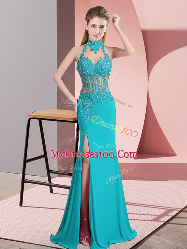 Chiffon Halter Top Sleeveless Backless Beading Homecoming Dress in Aqua Blue