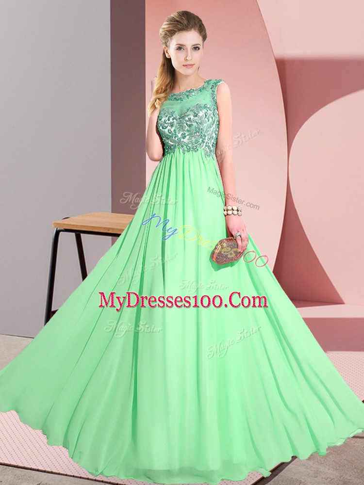 Empire Bridesmaid Gown Green Scoop Chiffon Sleeveless Floor Length Backless