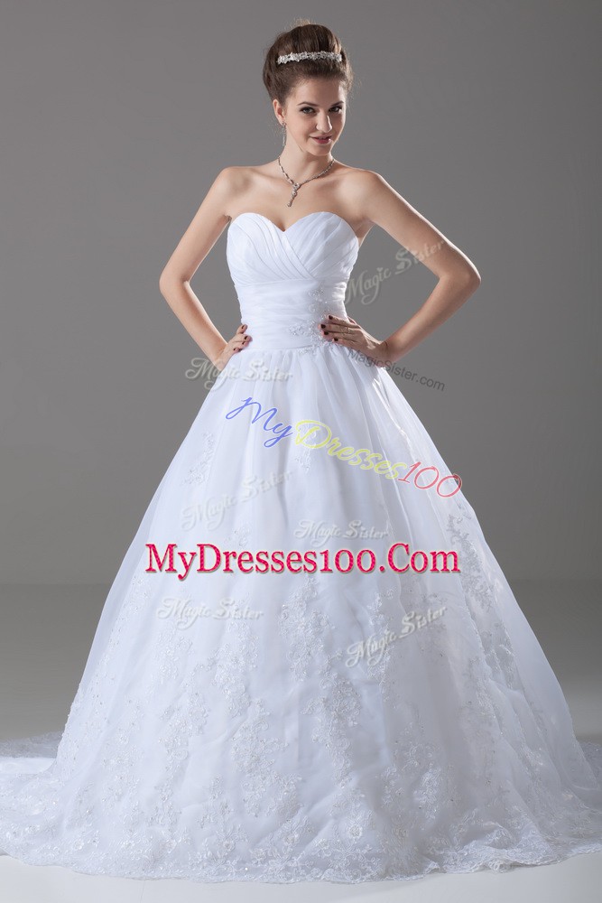 Sleeveless Tulle Brush Train Lace Up Wedding Gowns in White with Beading and Lace