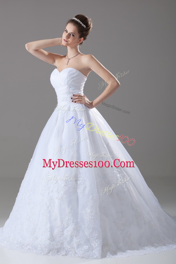 Sleeveless Tulle Brush Train Lace Up Wedding Gowns in White with Beading and Lace