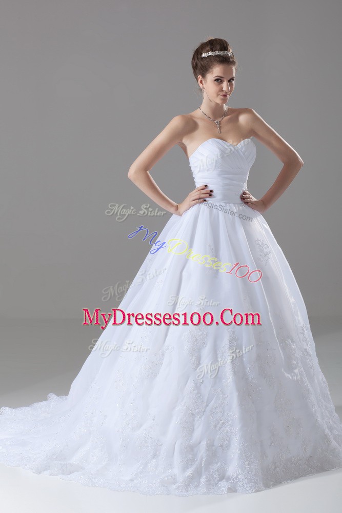 Sleeveless Tulle Brush Train Lace Up Wedding Gowns in White with Beading and Lace