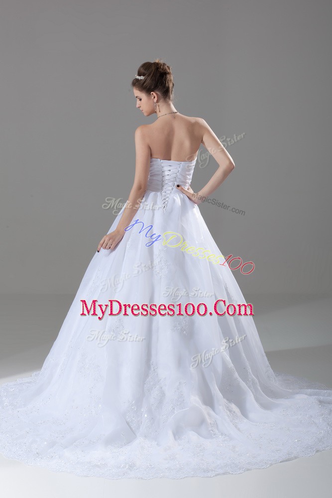 Sleeveless Tulle Brush Train Lace Up Wedding Gowns in White with Beading and Lace